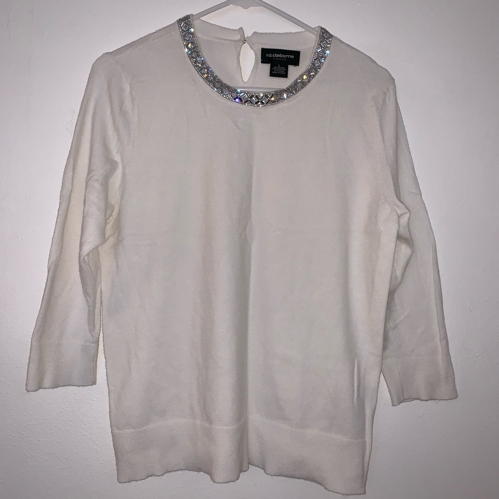 LIZ CALIBORNE Career- Sweater w/Jeweled Neckline